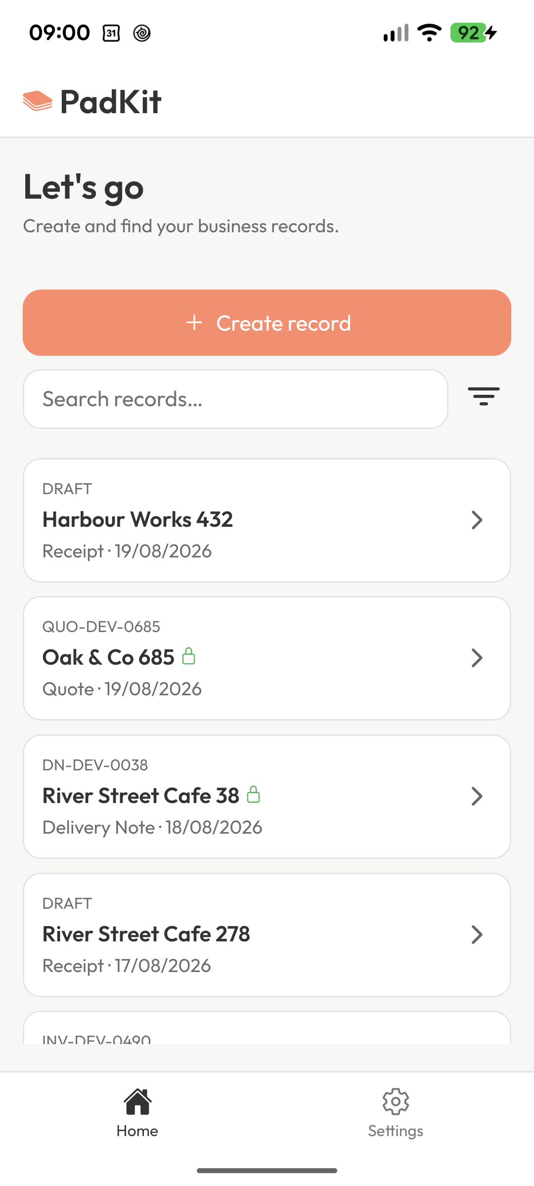 PadKit records list with invoices, quotes and delivery notes